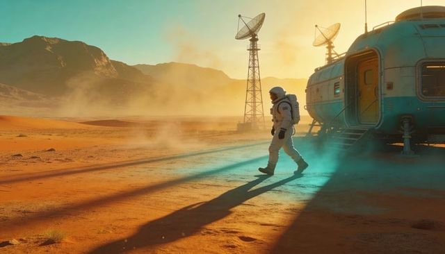 Astronaut walking near habitat on red desert at dawn with long shadow and satellite dishes