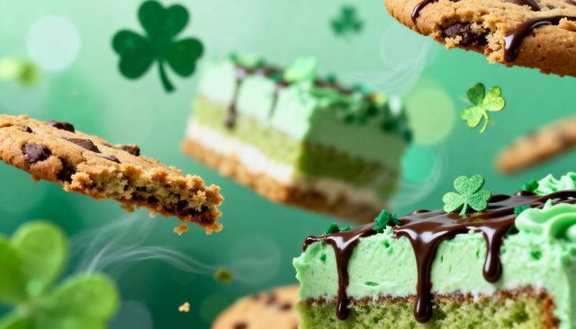 Floating mint cake with chocolate drizzle and crumbling shamrock chocolate cookies