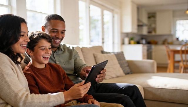 Smiling family sharing tablet on cozy sofa bonding over digital learning and entertainment
