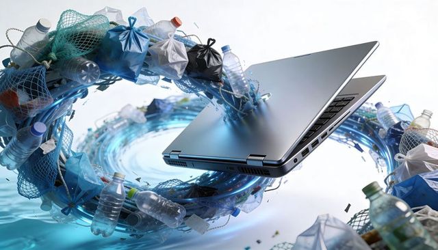 Floating laptop spinning in ocean plastic whirlpool representing digital pollution