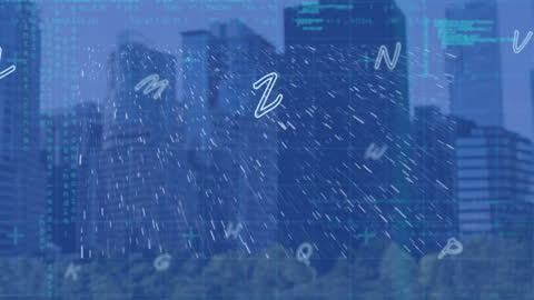Digital Letters and Rain Over Cityscape Indicating Global Business Connections