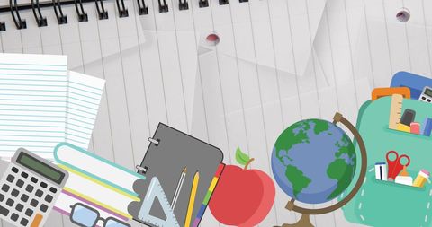 Colorful School Supplies on Desk with Globe and Apple - Download Free Stock Images Pikwizard.com