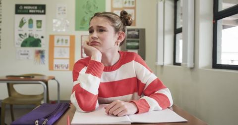 Pensive Student in Bright Classroom
