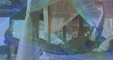 Senior Man Relaxing on Canopy Bed with Holographic Data Overlay