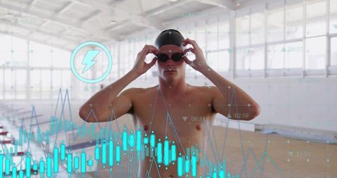 Swimmer Adjusting Goggles on Pool Deck with Neon Performance Data Overlay