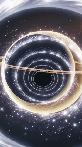 Rotating golden ring vortex in deep space with rippling light arcs and starfield tunnel