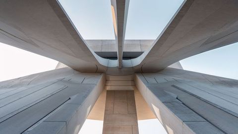 Modern concrete bridge structure featuring vast columns and girders