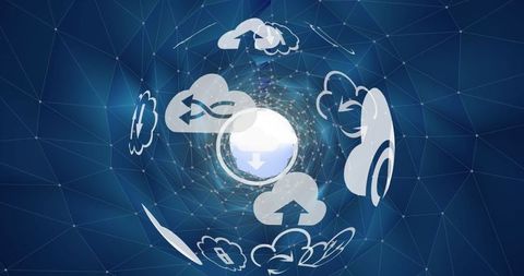 Digital cloud technology icons connecting global data network