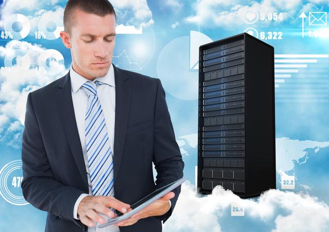 Young businessman in suit using digital tablet with a large server tower and technological symbols in the background. Ideal for use in technology, business, IT solutions, cloud computing, and professional environment digital content.