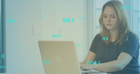 Productive Woman Analyzing Financial Data on Laptop at Home Workplace