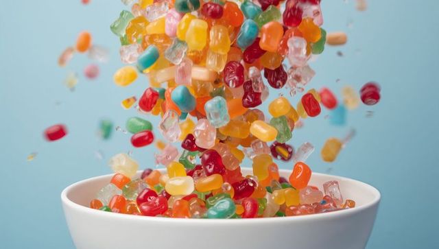 Tumbling jelly beans filling white bowl against blue background