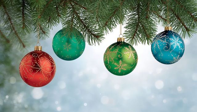 Festive Baubles Hanging on Pine Branch, Red Green Blue Ornaments with Gold Snowflake
