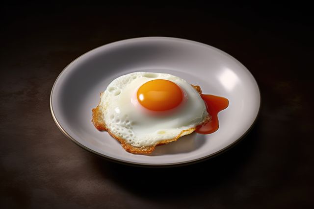 A perfectly fried egg sits on a plate, with copy space. Its vibrant yolk and crispy edges suggest a freshly cooked breakfast at home.
