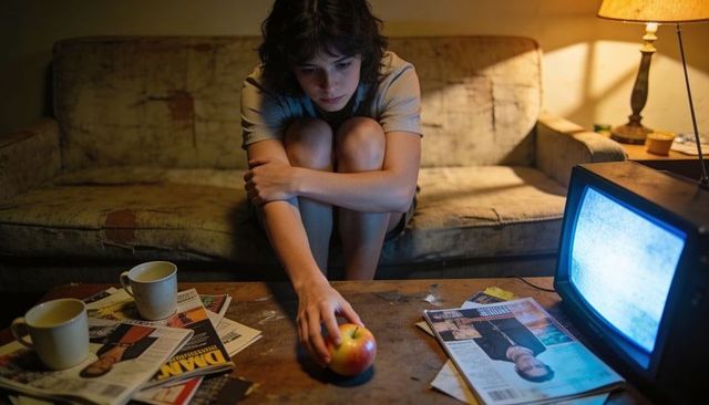 Teen girl sitting on couch reaching for apple on coffee table with retro tv glow