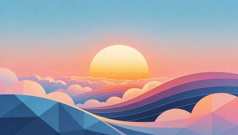 Rising glowing sun over pastel wave hills and low-poly mountains at dreamy dawn