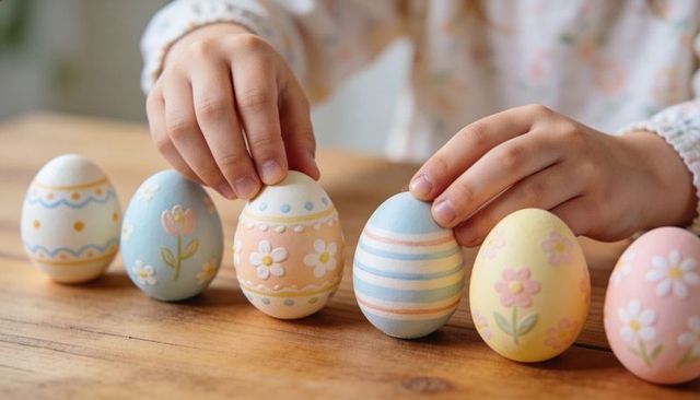 Child arranging pastel Easter eggs with floral patterns on wooden table, spring craft