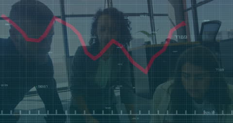 Team Analyzing Financial Data with Digital Graph Overlay