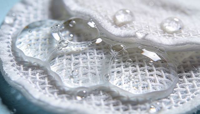 Macro water droplets resting on white gauze pad with scalloped edge and woven texture