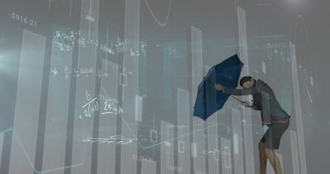 Businesswoman Facing Data Storm with Umbrella