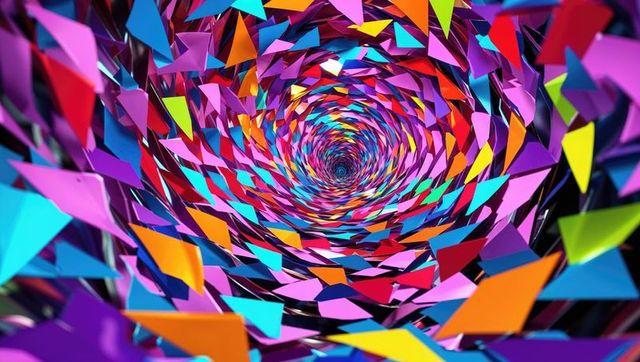 Vibrant spiral of multicolored geometric shapes in digital vortex