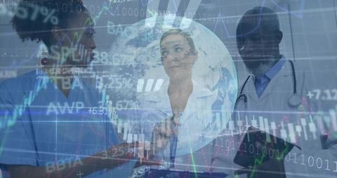 Medical Professionals Analyzing Global Healthcare Data Overlaid with Charts