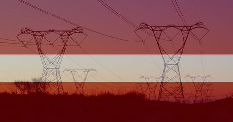 Electricity Pylons at Sunset with Abstract Design Overlay - Download Free Stock Images Pikwizard.com