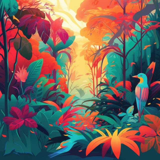 Rainforest with exotic bird and tropical plants at sunset, created using generative ai technology. Rainforest, nature and scenery concept digitally generated image.