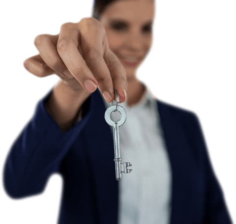 Smiling Woman Holding Transparent House Key with Enthusiasm in Focus