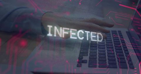 Laptop Displaying INFECTED Warning with Hacker Hands and Neon Circuit Overlay