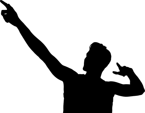 Digital silhouette of man raising hands on transparent background