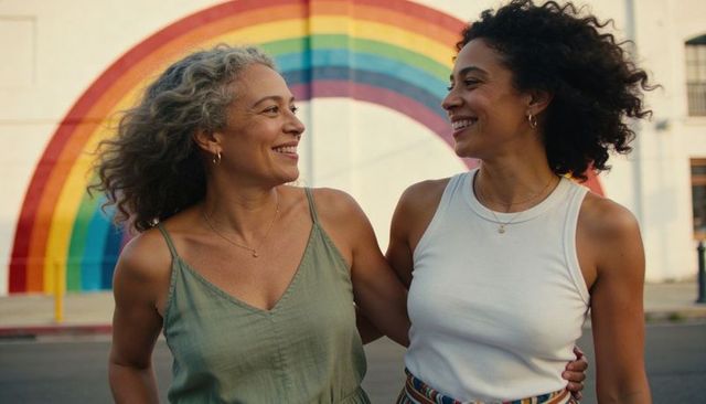Two women walking arm in arm smiling by rainbow mural in urban arts district, pride vibe