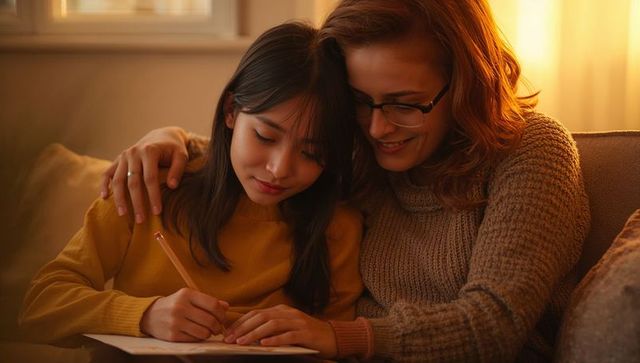 Mother guiding daughter writing homework on couch at home, warm cozy family moment
