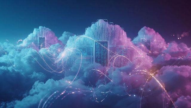 Futuristic Digital Cloudscape with Binary and Neon Elements