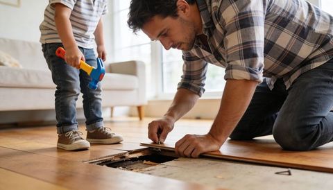 Father kneeling repairing hardwood floorboard, child holding toy hammer in living room