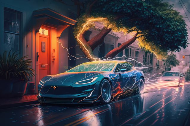 The image depicts an electric car being struck by lightning while parked on a wet urban street during a rainy night. The lightning bolt causes a surge of electricity to envelop the car, creating a dramatic and surreal scene. This striking visual can be used in contexts related to electric vehicles, urban weather conditions, the power of nature, or entertainment, such as superhero scenes and sci-fi narratives.