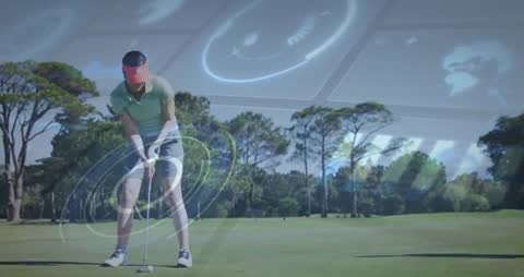 Golfer Woman Aligning Putter with Futuristic Interface