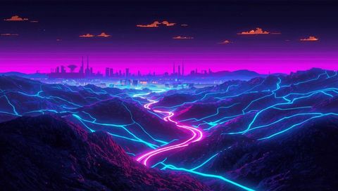 Winding Magenta Ribbon Road Leading to Distant Cyberpunk City Through Glowing Cyan Ravines