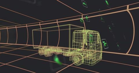 Futuristic cargo truck in neon tunnel