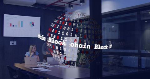 Business team collaborating around holographic blockchain globe with binary in boardroom