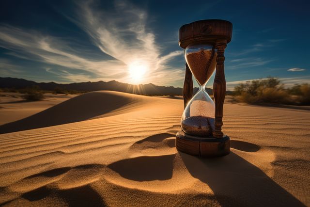 A wooden hourglass with sand running through it placed on desert sand during a vibrant sunset. Sun casts long shadows, creating a dramatic scene. Ideal for concepts related to time, transience, nature, and environmental themes. Can be used in presentations, blogs, and articles centering on the passage of time, desert ecosystems, or inspirational themes.