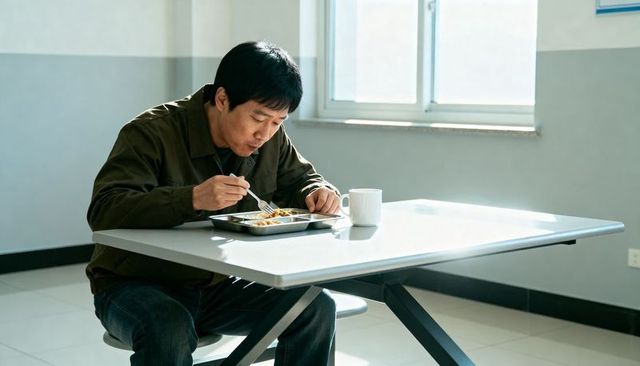 Asian man eating solitary lunch at cafeteria table during workday break in daylight