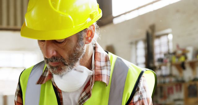 Bearded construction worker focused on a task in an industrial workshop, wearing a hard hat and safety vest. Useful for themes related to construction, industrial work, safety measures, and manual labor. Perfect for illustrating workplace safety guidelines, promotional materials for construction companies, or educational content on industrial professions.