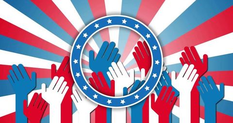 Patriotic hands raising around star-rim emblem with red white blue radial burst background