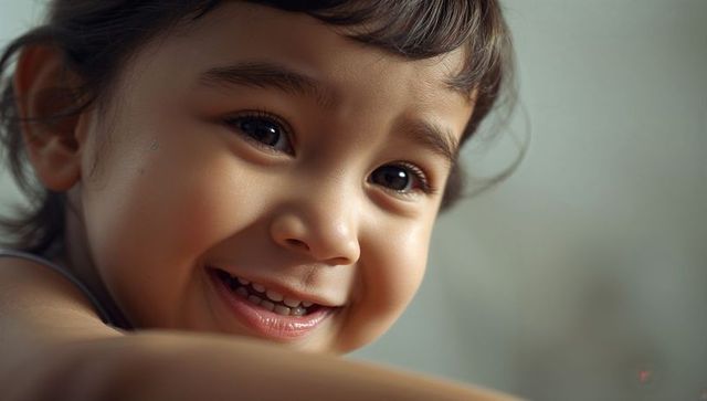 Closeup smiling toddler girl with fringe, warm sidelight and joyful expression