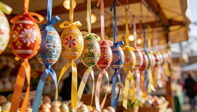 Vibrant Hand-Painted Easter Eggs Hanging on Satin Ribbons, Market Stall Spring Decor