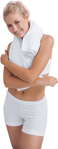 Woman in Sportswear with Towel Displaying Fitness Confidence Transparent Background