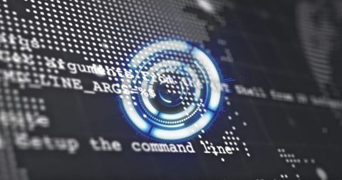 Futuristic blue hud overlaying monospaced code for cybersecurity analytics neon dashboard