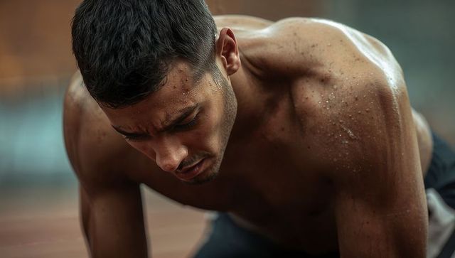 Determined shirtless runner training on track, sweating and catching breath