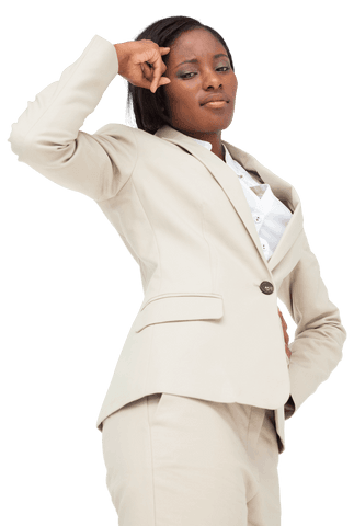 Thoughtful African American Woman in Beige Suit on Transparent Background