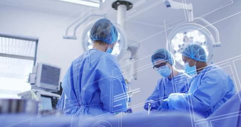 Surgical team performing high-tech operation in modern operating room with digital overlays